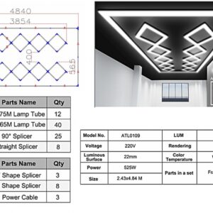 10 Square Ceiling LED Light System 4.84 x 2.43 m 6500K