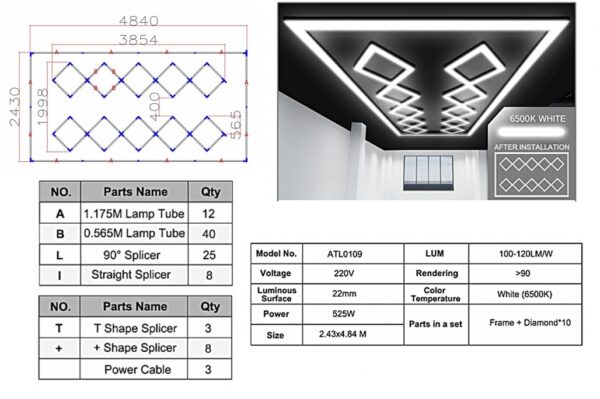 10 Square Ceiling LED Light System 4.84 x 2.43 m 6500K