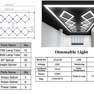 10 Square Ceiling LED Light System 4.84 x 2.43 m 6500K Dimmable Light