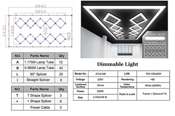 10 Square Ceiling LED Light System 4.84 x 2.43 m 6500K Dimmable Light