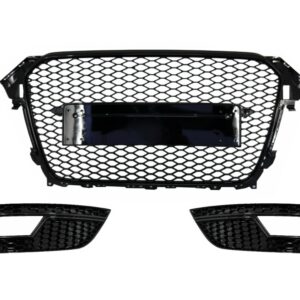 Badgeless Front Grille with Fog Lamp Covers suitable for Audi A4 B8 Facelift (2012-2015) RS Design Honeycomb Piano Black & PDC Covers