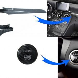 Car Center Console Dashboard Strips Interior Trim with Engine Start Button Cover suitable for Mercedes C-Class W205 (2015-2017) Carbon Fiber Style LHD