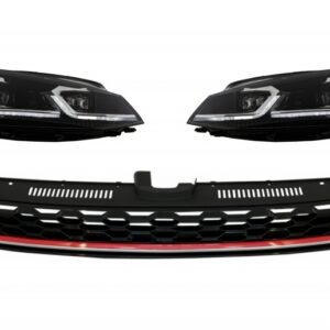 Central Badgeless Grille with RHD LED Headlights Sequential Dynamic Turning Lights suitable for VW Golf 7.5 VII Facelift (2017-up) GTI Design Red and Chrome