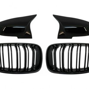 Central Kidney Grilles Double Stripe with Mirror Covers suitable for BMW 2 Series F22 F23 (2014-up) M Design Piano Black