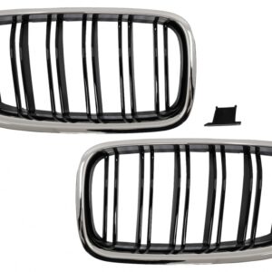 Central Kidney Grilles suitable for BMW 5 Series F10 F11 (2010-2017) Chrome Frame Piano Black Double Stripe