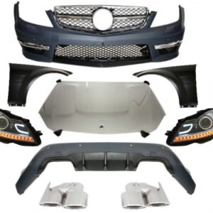 Complete Conversion Retrofit Body Kit with Halogen Headlights LED DRL suitable for Mercedes W204 (2007-2014) C-class Facelift C63 Design