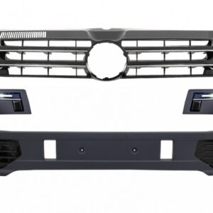 Front Bumper Add-on Spoiler with LED DRL suitable for VW Transporter Multivan Caravelle T5 T5.1 Facelift (2010-2015) and Badgeless Front Debadged Grille Sportline Design