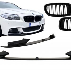 Front Bumper Spoiler Lip suitable for BMW 5 Series F10 F11 Sedan Touring (2011-2017) M-Performance Design With Double Stripe Piano Black Kidney Grille