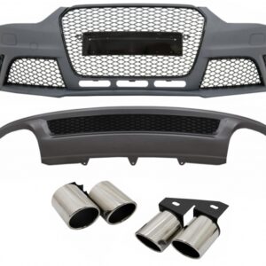 Front Bumper suitable for Audi A4 B8 Facelift (2012-2015) with Rear Bumper Valance Air Diffuser and Exhaust Muffler Tips Tail Pipes RS4 Design