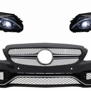 Front Bumper suitable for Mercedes C-Class W205 S205 (2014-2018) Limousine T-Model with Full LED Headlights Conversion Upgrade for Halogen LHD