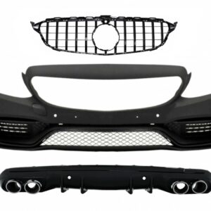 Front Bumper suitable for Mercedes C-Class W205 S205 AMG Sport Line (2014-2018) with Grille and Diffuser Muffler Tips Chrome C63 Design
