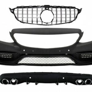 Front Bumper suitable for Mercedes C-Class W205 S205 (2014-2018) Central Grille with Rear Diffuser and Exhaust Muffler Tips C63 Design
