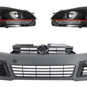 Front Bumper suitable for VW Golf VI 6 (2008-2013) R20 Look with Headlights 3D LED DRL U-Design LED Flowing Turning Light Red Stripe GTI