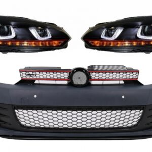 Front Bumper suitable for VW Golf VI 6 (2008-2013) GTI Look with Headlights Golf 7 3D LED DRL U-Design LED Flowing Turning Light Red Stripe GTI