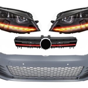 Front Bumper suitable for VW Golf VII Golf 7 2013-up GTI Look with Headlights 3D LED DRL RED Flowing Turn Light and Grille