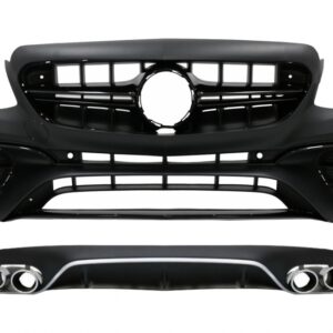 Front Bumper with Diffuser and Exhaust Muffler Tips suitable for Mercedes E-Class C238 A238 (2016-up) E63 Design Black Chrome