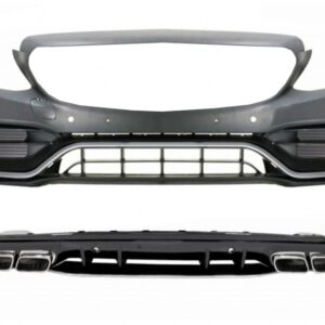 Front Bumper with Diffuser and Silver Tips suitable for Mercedes C-Class W205 S205 AMG Sport Line (2014-2020) C63S Design
