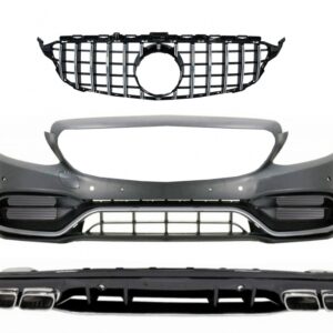 Front Bumper with Diffuser and Silver Tips suitable for Mercedes C-Class W205 S205 AMG Sport Line (2014-2020) C63S Design