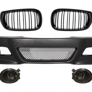 Front Bumper with Fog lights suitable for BMW 3 Series E46 (1998-2004) M3 Look and Central Kidney Grilles Double Stripe M Design Piano Black
