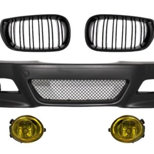 Front Bumper with Fog lights suitable for BMW 3 Series E46 (1998-2004) M3 Look and Central Kidney Grilles Double Stripe M Design Piano Black