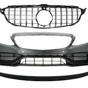 Front Bumper with Grille Chrome and Trunk Boot Spoiler Piano Black suitable for Mercedes C-Class C205 (2014-2018) C63 Design
