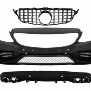 Front Bumper with Grille Chrome Without Camera and Diffuser with Exhaust Muffler Tips suitable for Mercedes C-Class W205 S205 (2014-2018) C63 Design
