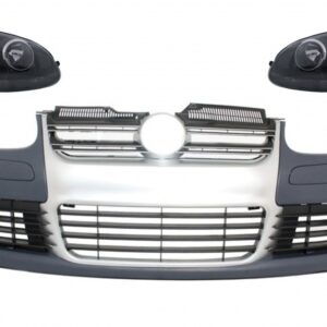 Front Bumper with Headlights suitable for VW Golf V 5 (2003-2007) Jetta (2005-2010) R32 Look Brushed Aluminium Look Grille