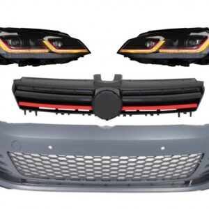 Front Bumper with LED Headlights Sequential Dynamic Turning Lights and Grille Red suitable for VW Golf VII 7 5G (2013-2017) Facelift G7.5 GTI Look