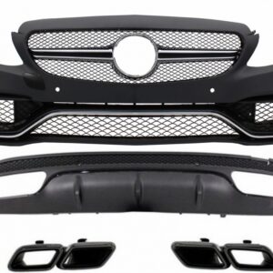 Front Bumper with Rear Diffuser and Exhaust Tips Night Package Black Edition Sport suitable for Mercedes C-Class W205 S205 (2014-2020) C63 Design