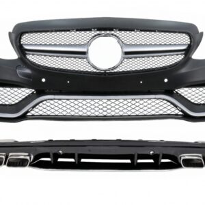 Front Bumper with Rear Diffuser and Silver Tips suitable for Mercedes C-Class W205 S205 (2014-2020) Only for AMG Sport Line