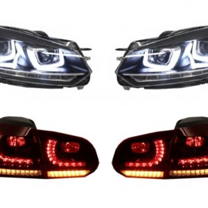 Headlights Chrome and Taillights Cherry Red Full LED suitable for VW Golf 6 VI (2008-2013) R20 U Design Dynamic Sequential Turning Light LHD