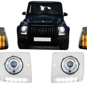 Headlights Covers with LED DRL Daytime Running Lights suitable for Mercedes G-Class W463 (1989-2012) with Headlights Chrome and Turning Lights G65 Design