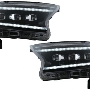 Headlights LED Light Bar Dynamic Start-up Display suitable for Ford Ranger Raptor (2015-2020) LHD Full Black Housing with Sequential Dynamic Turning Lights Matrix Projector