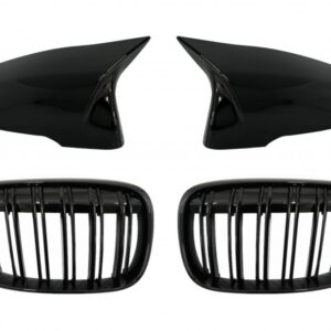 Mirror Covers with Central Kidney Grilles Double Stripe suitable for BMW X1 F48 Pre LCI (06.2015-2019) Piano Black M Design