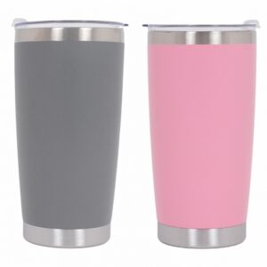 Pack 2pcs Thermos Stainless Steel SS304 Insulated Mug with Lid Double Wall Pink Gray 20oz 590ml