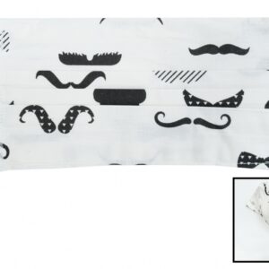 Package of 5 white with mustaches Reusable Masks with Folds 100% Cotton 2 Layers Unisex Washable 5 Filters PPS 330 Microns
