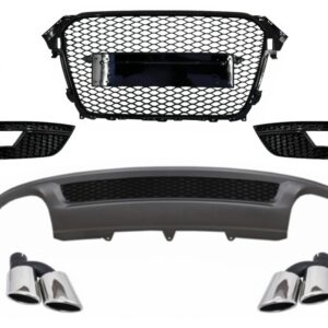 Rear Bumper Valance Air Diffuser and Exhaust Muffler Tips suitable for AUDI A4 B8 Facelift Limousine/Avant (2012-2015) with Badgeless Front Grille and Fog Lamp Covers S-Line Look only Standard Bumper