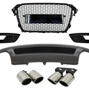 Rear Bumper Valance Air Diffuser and Exhaust Muffler Tips suitable for Audi A4 B8 Facelift Limousine Avant (2012-2015) with Badgeless Front Grille and Fog Lamp Covers S-Line Look only Standard Bumper