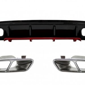 Rear Bumper Valance Diffuser with Exhaust Muffler Tips Chrome suitable for Mercedes A-Class W176 Facelift (2015-2018) A45 Design Red Edition