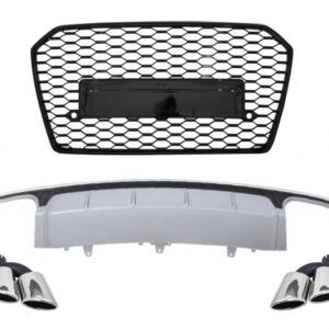Rear Bumper Valance Diffuser with Exhaust Muffler Tips and Grille suitable for Audi A6 4G Facelift (2015-2018) Limousine Avant RS6 Design
