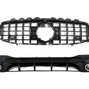 Rear Diffuser and Exhaust Tips Silver with Front Grille Piano Black suitable for Mercedes CLA X118 Shooting Brake C118 Coupe Sport Line (2019-05.2023) CLA35 GTR Design