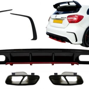 Rear Diffuser with Exhaust Muffler Tips Black and Splitters Fins suitable for Mercedes A-Class W176 Facelift (2015-2018) A45 Design Red Edition