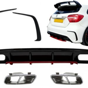 Rear Diffuser with Exhaust Muffler Tips Chrome and Splitters Fins suitable for Mercedes A-Class W176 Facelift (2015-2018) A45 Design Red Edition