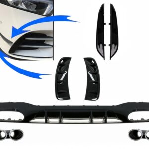 Rear Diffuser with Front Side Vents and Flaps Side Fins suitable for Mercedes A-Class V177 Sedan (2018-2022) Chrome Exhaust