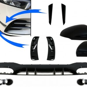 Rear Diffuser with Front Side Vents and Flaps Side Fins & Mirror Cover suitable for Mercedes A-Class V177 Sedan (2018-2022) Chrome Exhaust
