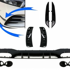 Rear Diffuser with  Front Side Vents and Flaps Side Fins suitable for Mercedes A-Class V177 Sedan (2018-2022) Black Exhaust