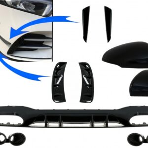 Rear Diffuser with  Front Side Vents and Flaps Side Fins & Mirror Cover suitable for Mercedes A-Class V177 Sedan (2018-2022) Black Exhaust